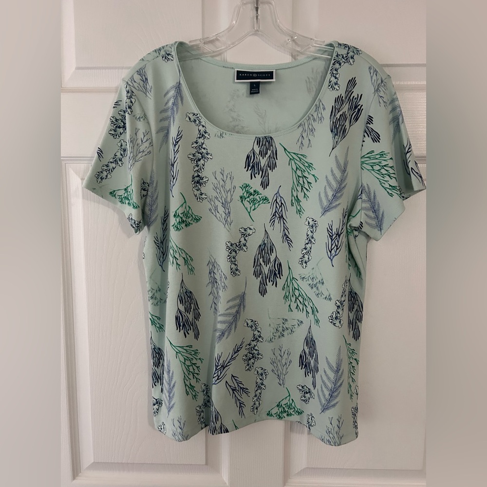 Karen Scott Green Fitted Skirt with Botanical Print